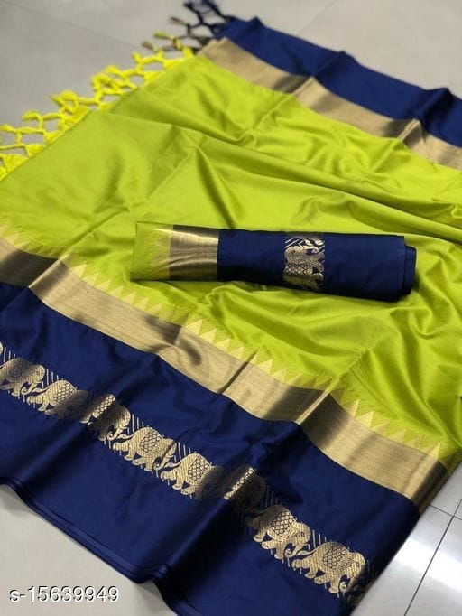 Hathi Design Cotton Silk Saree- LEMON NAVY BLUE